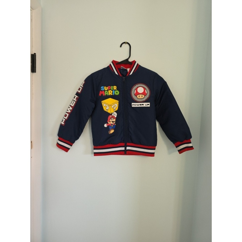 Nintendo Super Mario Bros Boys Bomber Jacket Navy Blue Bowser Luigi Size 6/7